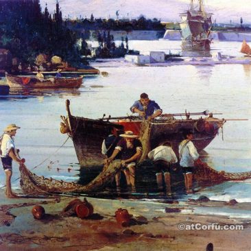 Korfu Geschichte - Fischer in Garitsa in alten Gravur