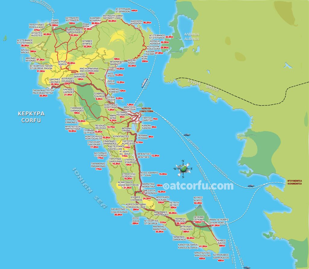 Karte mit Entfernungen auf Korfu