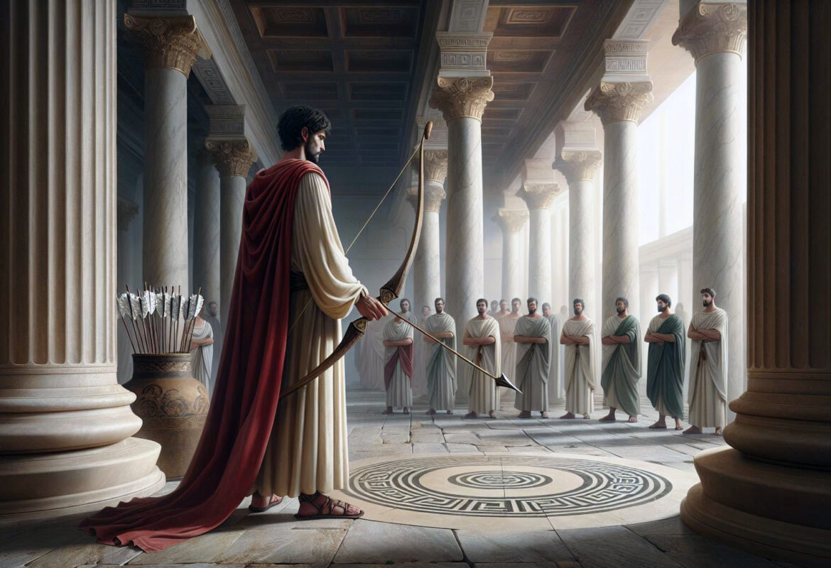 Odysseus bereitet sich darauf vor, den Bogen zu spannen