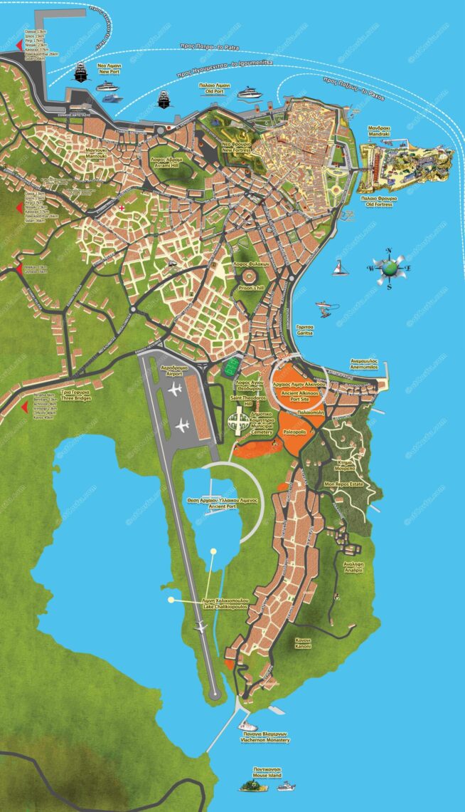 Χάρτης της Πόλης της Κέρκυρας με τα νότια προάστια