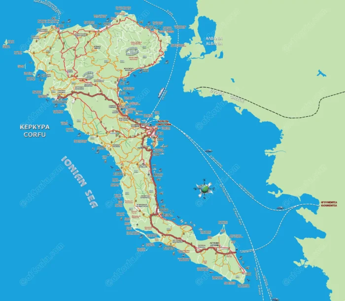 Χάρτης Κέρκυρας με τα μεγαλύτερα χωριά