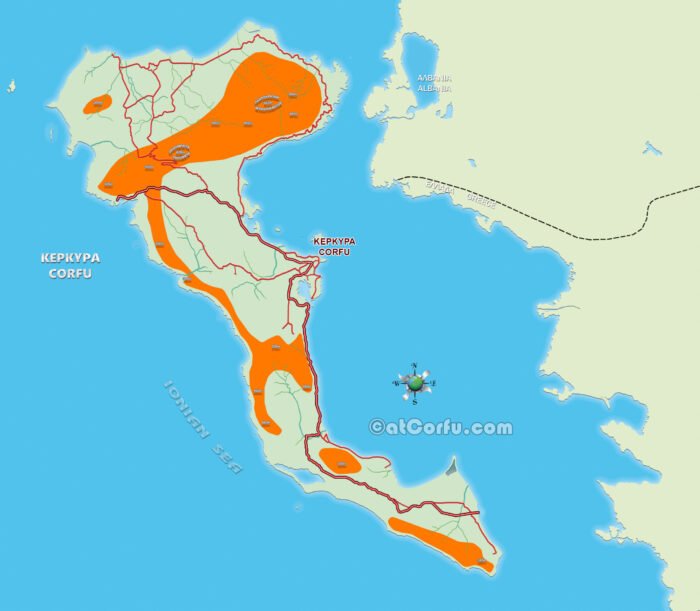 Corfu map with mountainous and flat areas