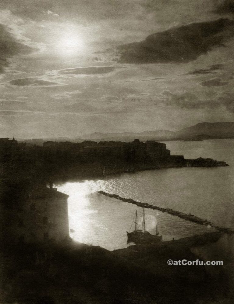 Mandraki port at old fortress in Corfu 1900