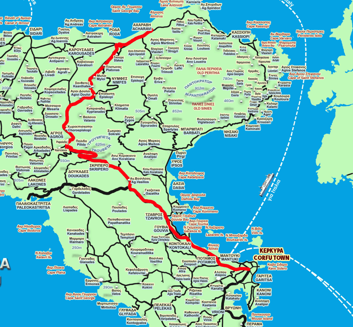 Route map from Corfu Town to Acharavi with distance and driving route