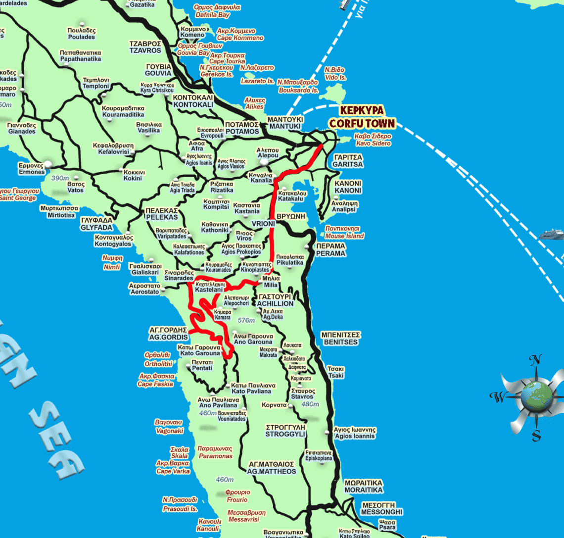 Route map from Corfu Town to Agios Gordios with distance and driving route