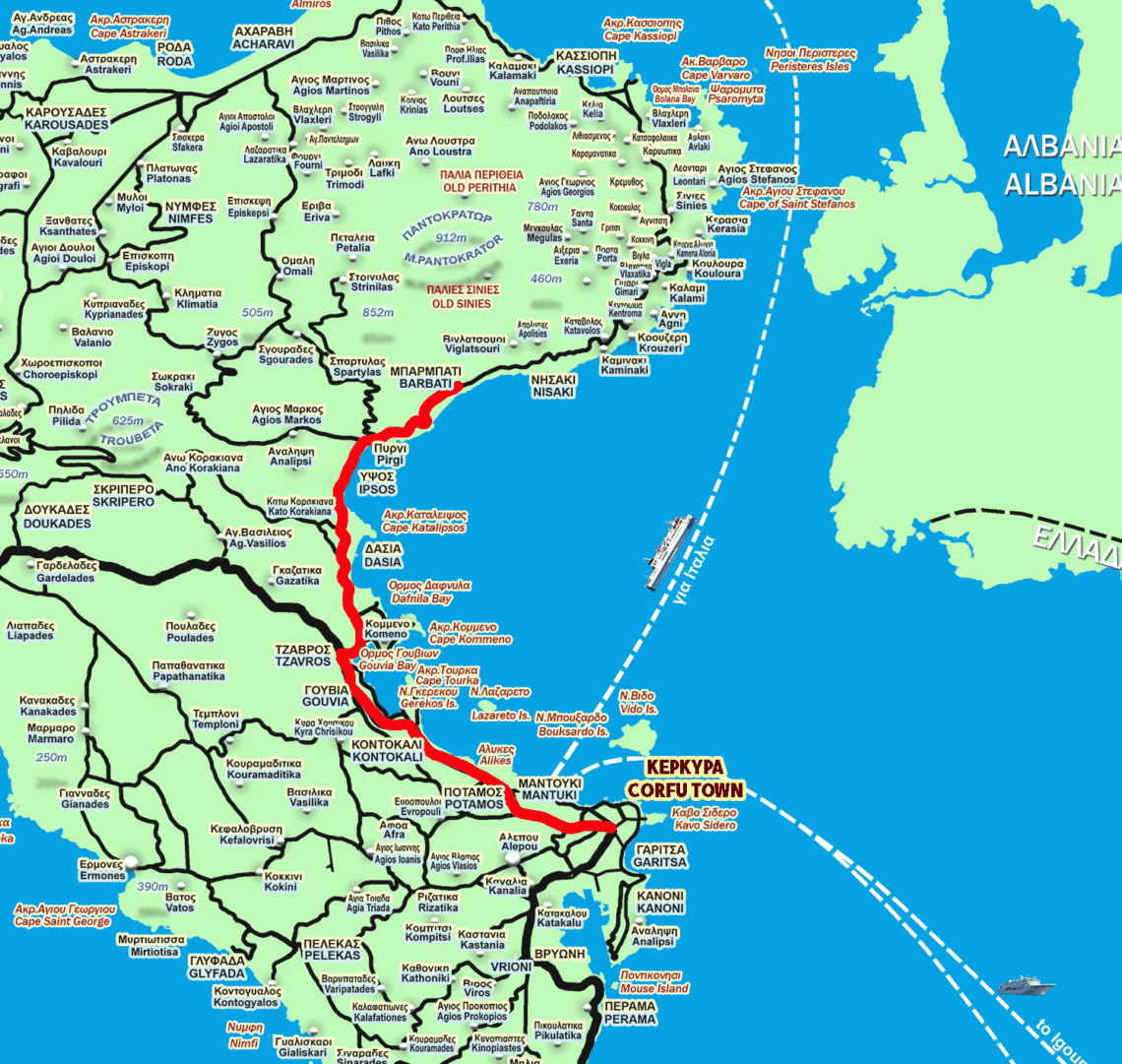 Route map from Corfu Town to Barbati with distance and driving route