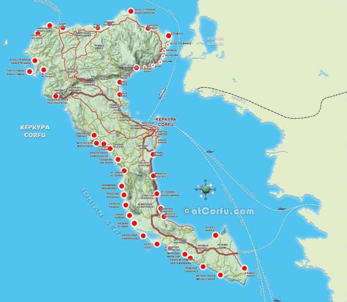 Corfu Beaches map route