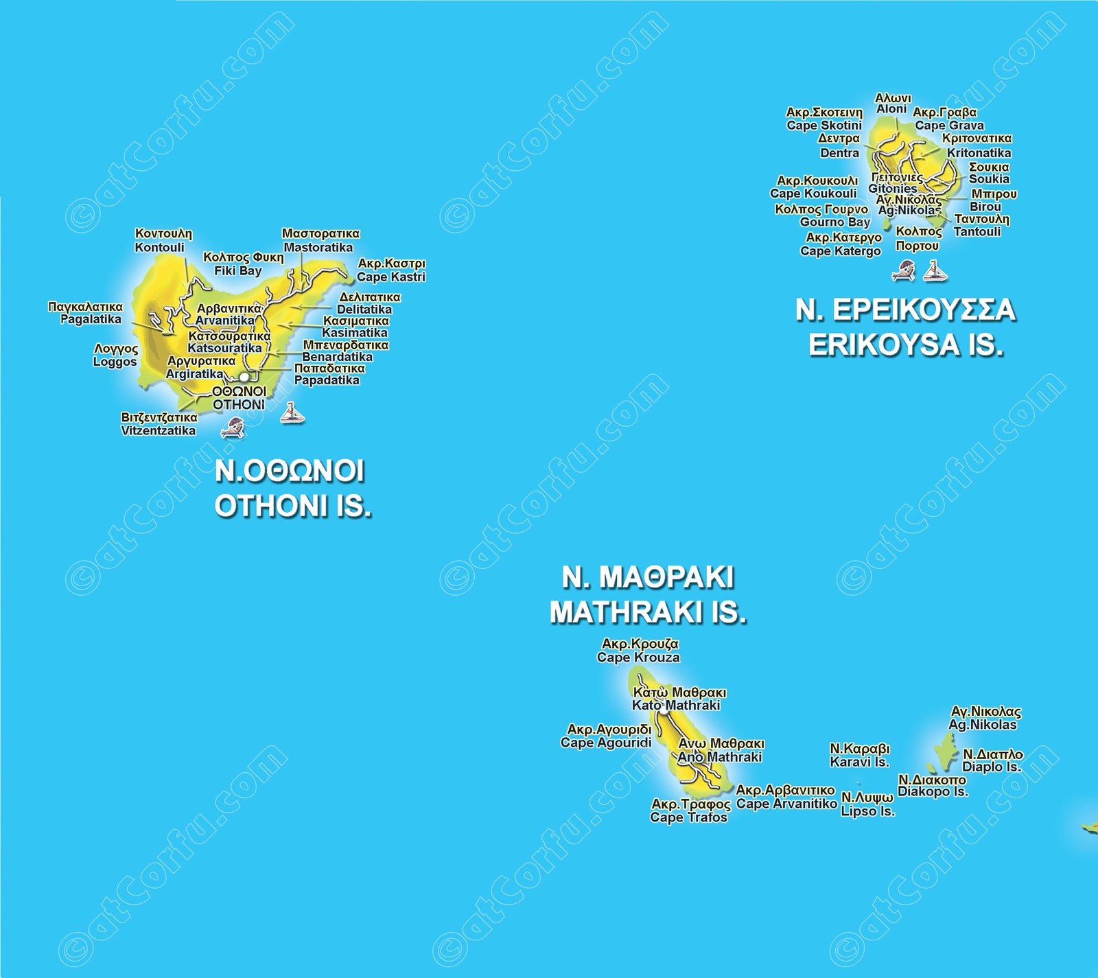 Diapontia Islands Map: Othonoi, Ereikoussa, and Mathraki - AtCorfu.com