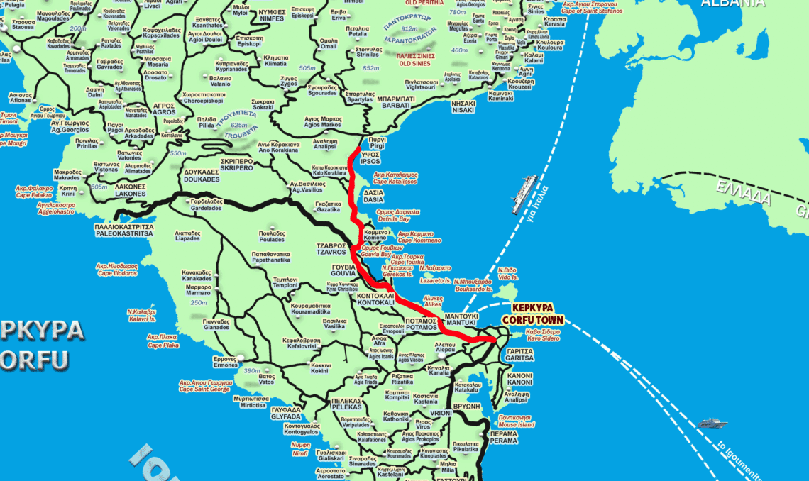 Route map from Corfu Town to Ipsos with distance and driving route