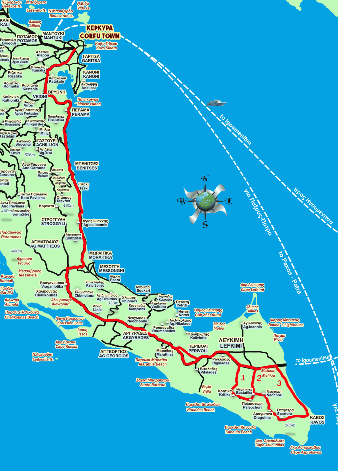 Route map from Corfu Town to Kavos with distance and driving route