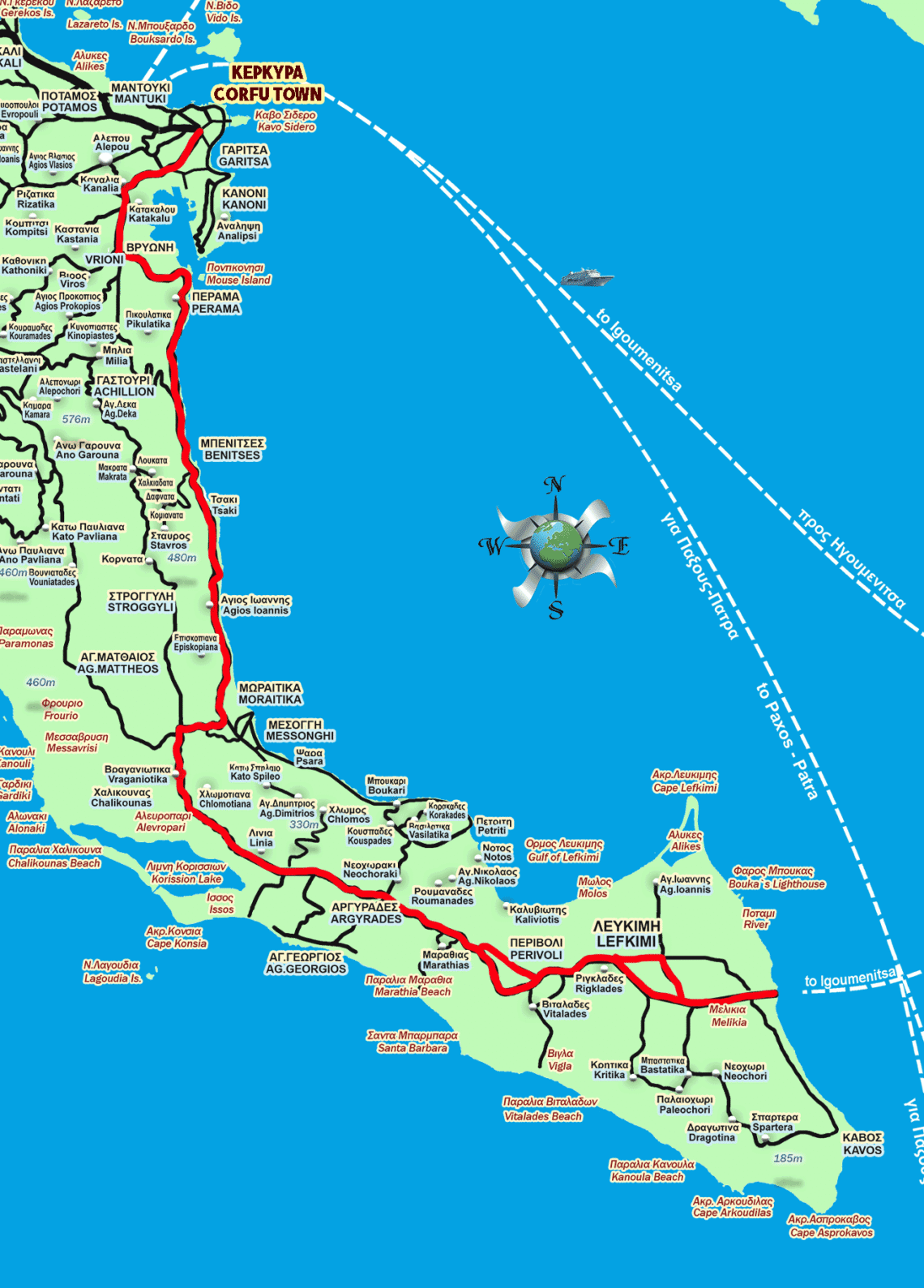 Driving route from Corfu Town to Lefkimmi Town, Corfu
