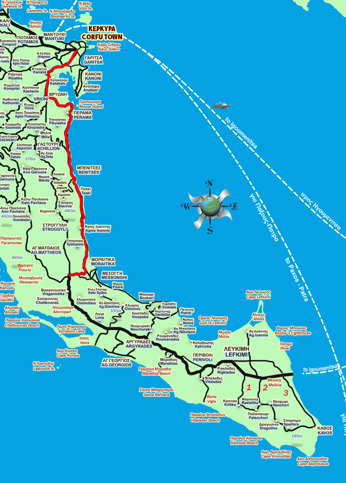 Route map from Corfu Town to Moraitika with distance and driving route