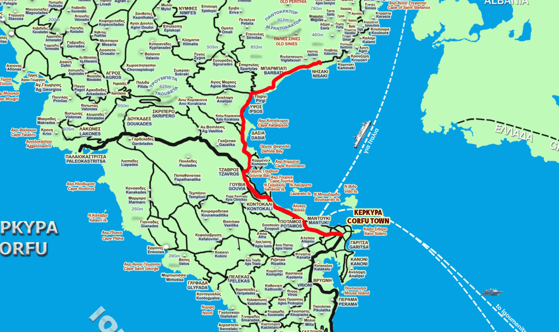 Route map from Corfu Town to Nissaki with distance and driving route