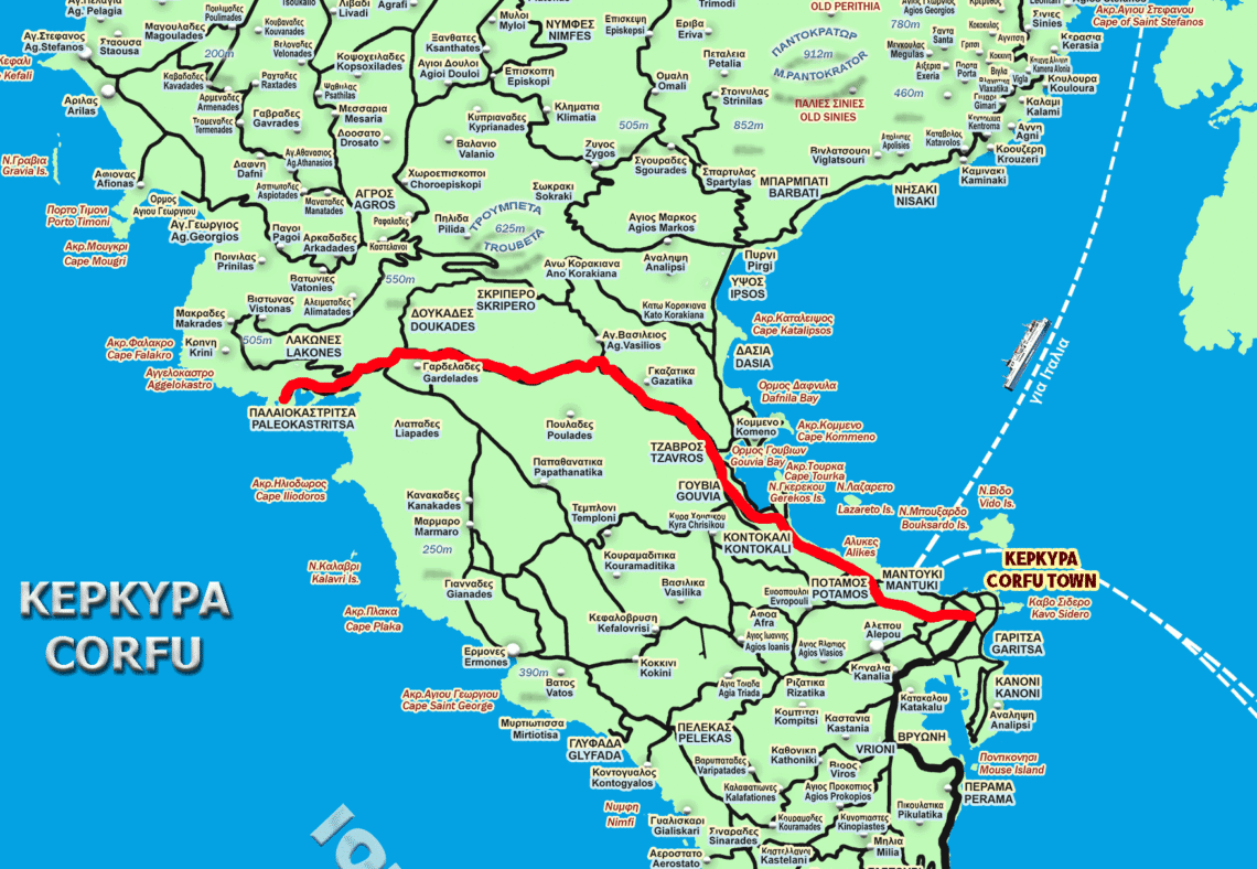 Route map from Corfu Town to Paleokastritsa Beach with distance and driving route