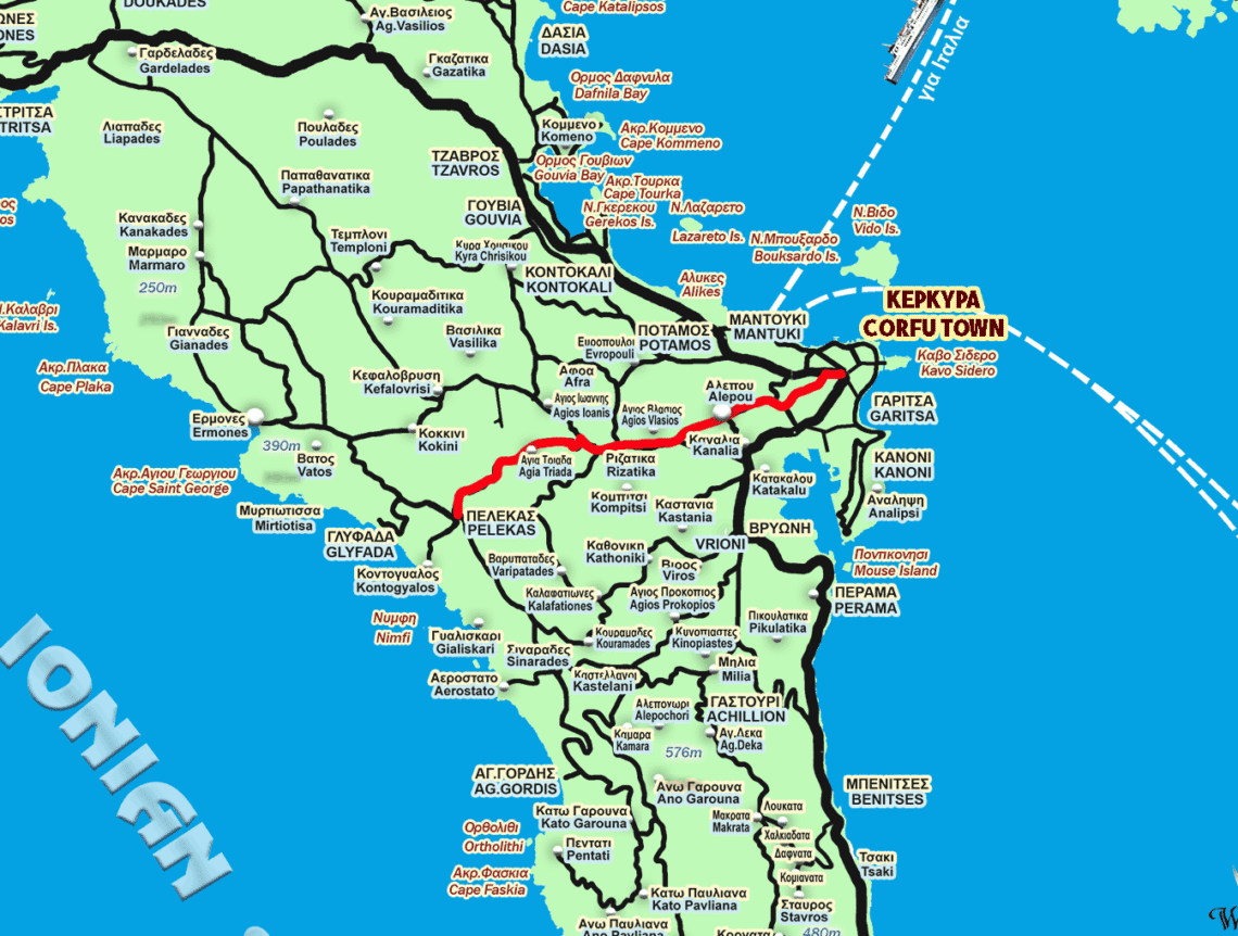 Route map from Corfu Town to Kontogialos (Pelekas Beach) with distance and driving route