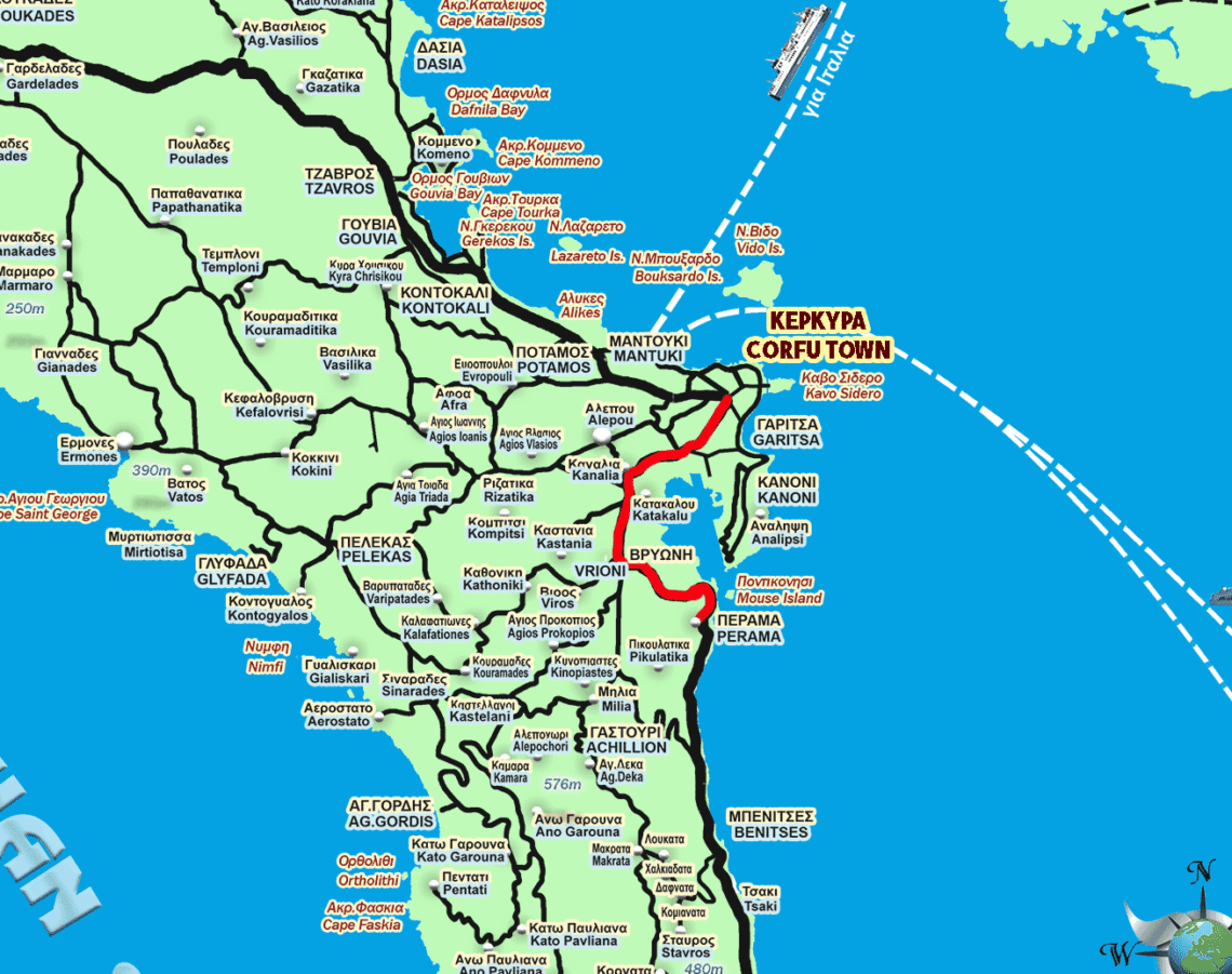Route map from Corfu Town to Perama with distance and driving route