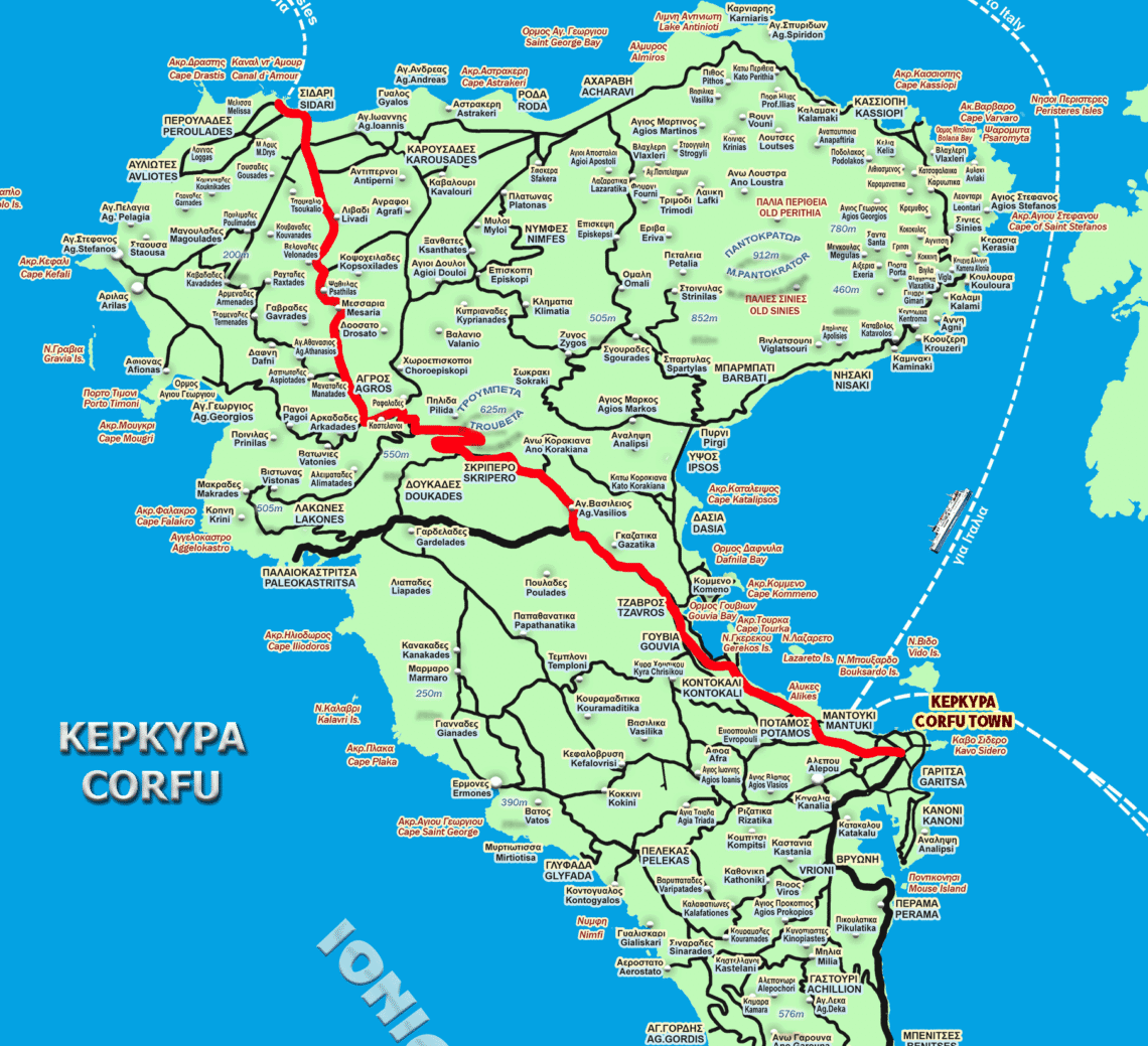 Driving route from Corfu Town to Sidari, Corfu