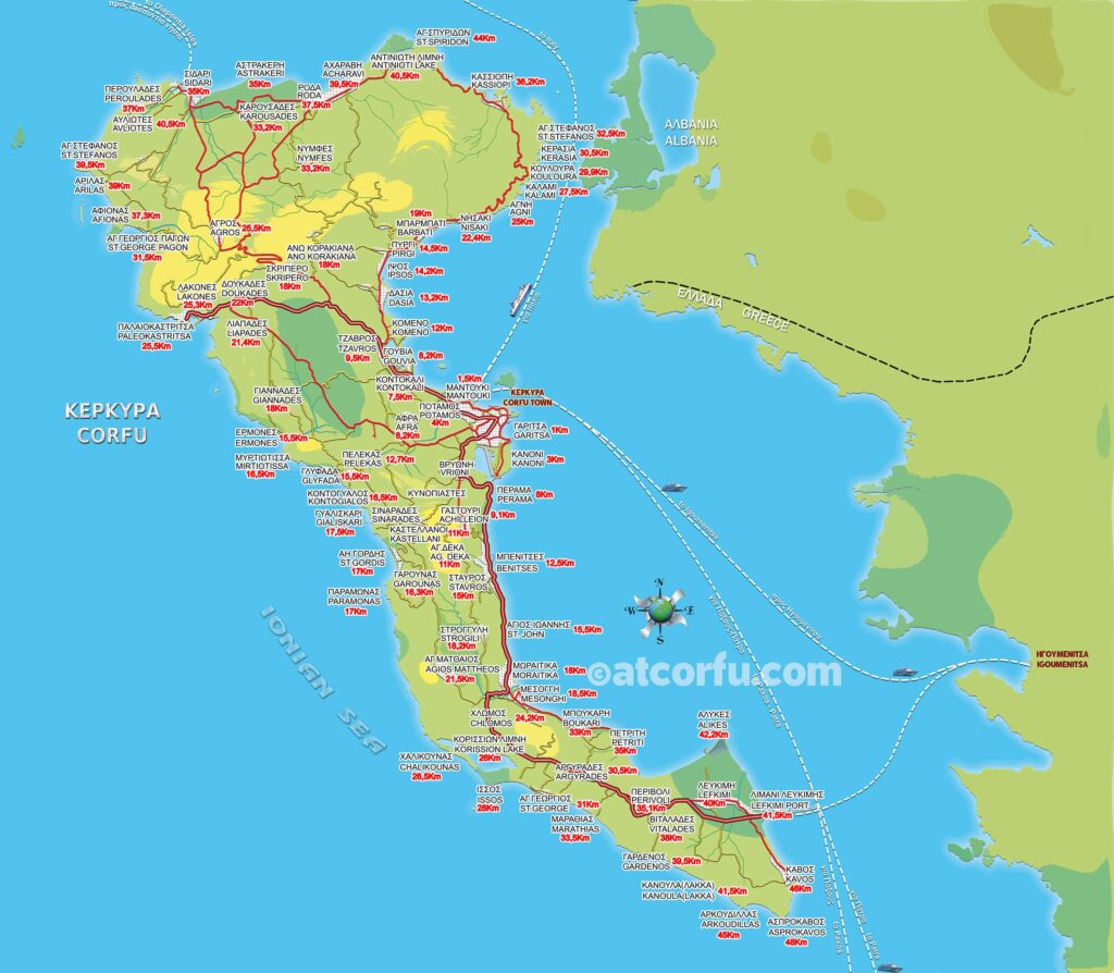 Distances from Corfu Center to 80+ Villages - AtCorfu