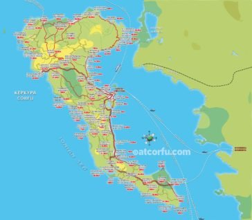 Corfu map with distances from villages