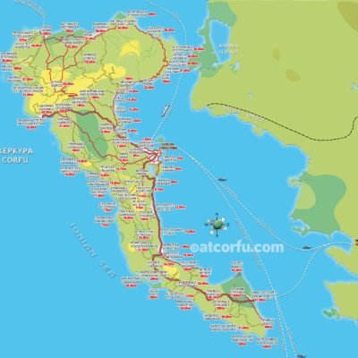 Corfu map with distances from villages