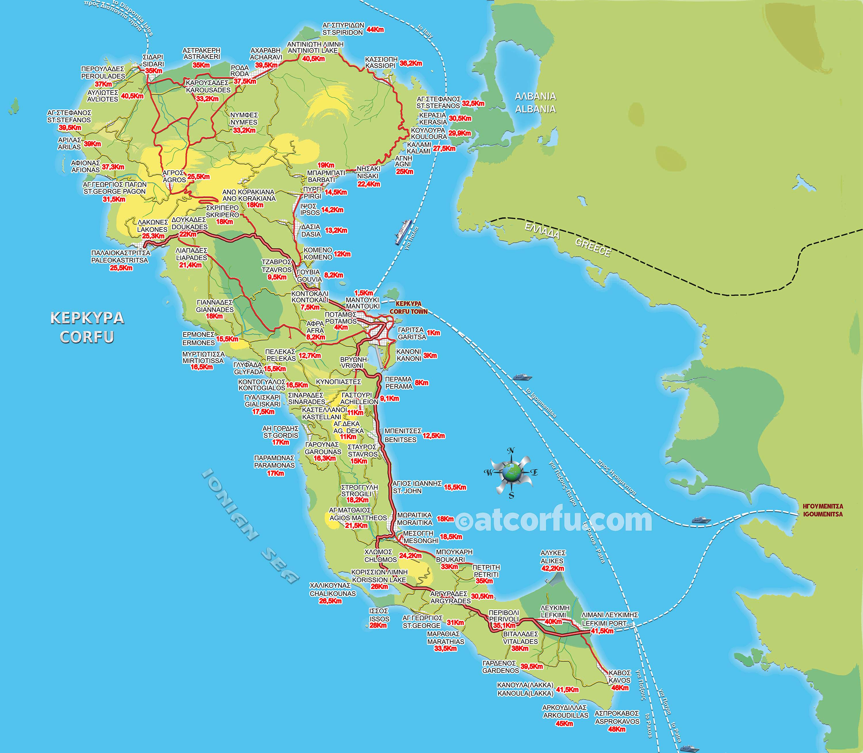 Map with distances in Corfu