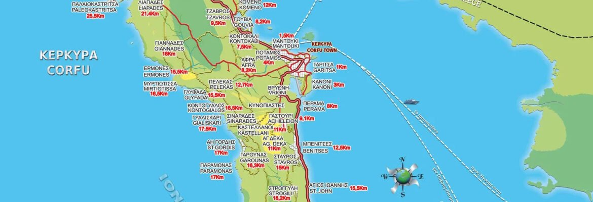 Corfu map with distances from villages