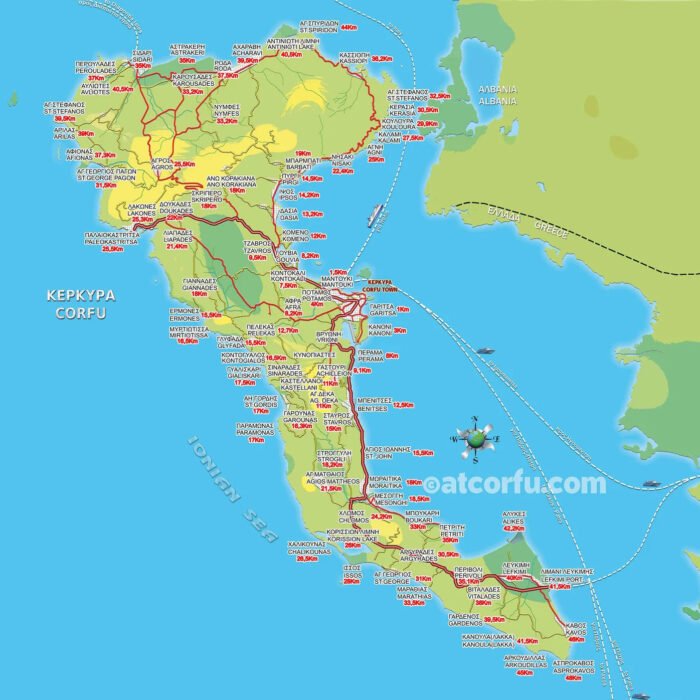 Corfu map with distances from villages