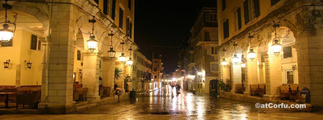 Corfu center of Liston at night