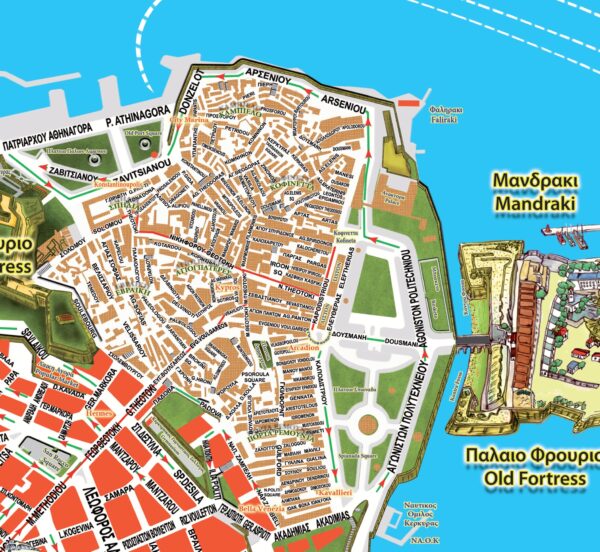 Map with the Old part of Corfu town
