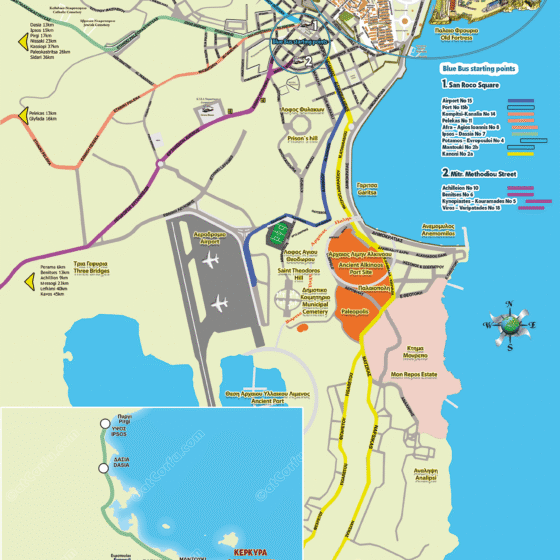 Corfu Blue Bus Routes near the strating points on a map