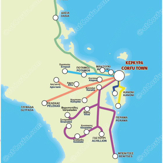 Corfu Blue Bus Routes with colors per line