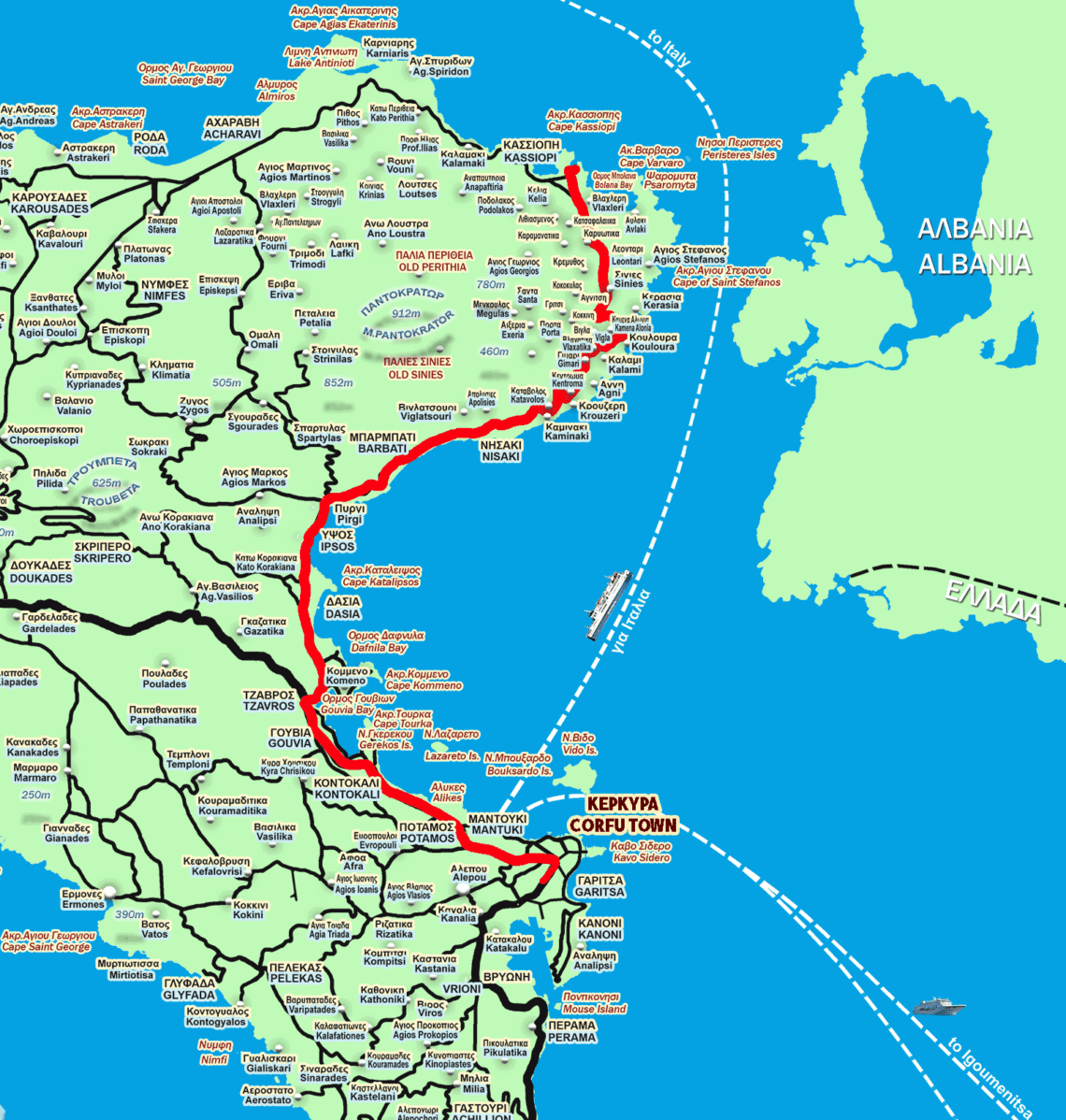 Route map from Corfu Town to Kassiopi with distance and driving route