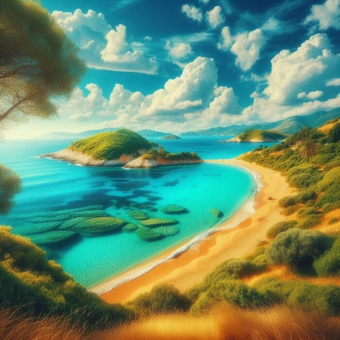 Porto Timoni beach with turquoise waters.