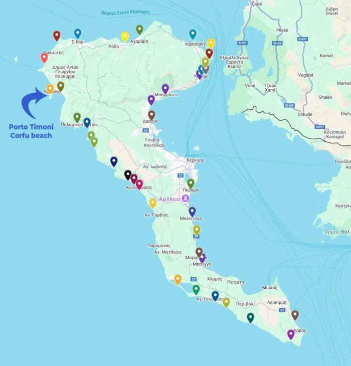Porto Timoni Beach in Corfu on a map