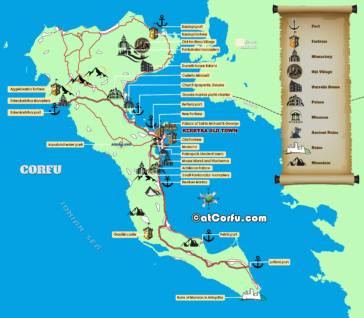 Map with attractions and Things to Do in Corfu