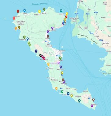 Corfu Beaches pins on a map