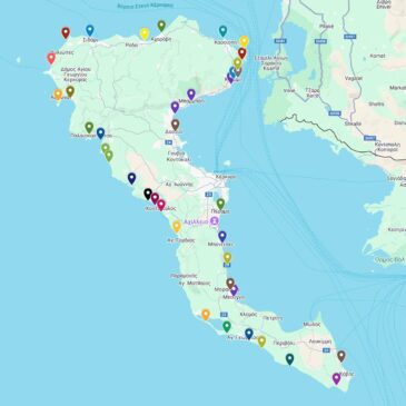 Corfu Beaches pins on a map