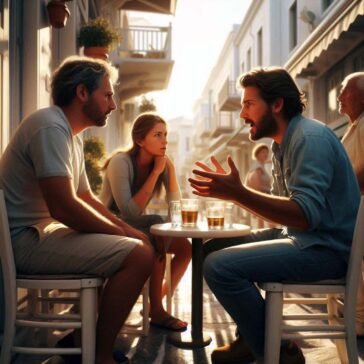 Two men talking at a café table in Greece, with a woman sitting at the next table in the background.