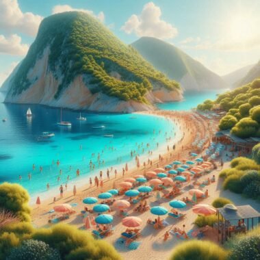 Beach in Greece with turquoise waters.