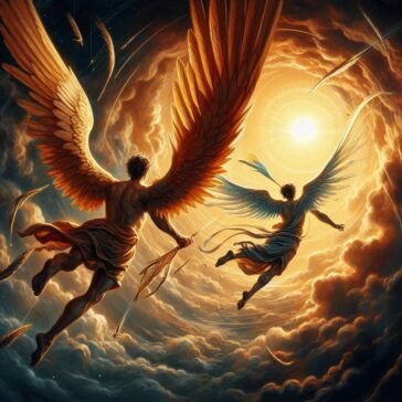 Daedalus and Icarus flying with wax wings