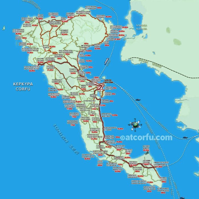 Corfu Map with distances from Villages