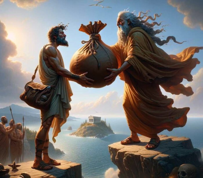 Aeolos giving Odysseus the bag of winds