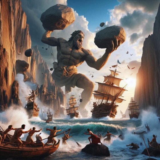 Laestrygonian giants attacking the fleet of Odysseus