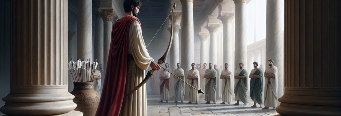 Odysseus prepears to bend the bow