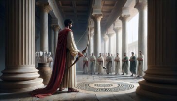 Odysseus prepears to bend the bow