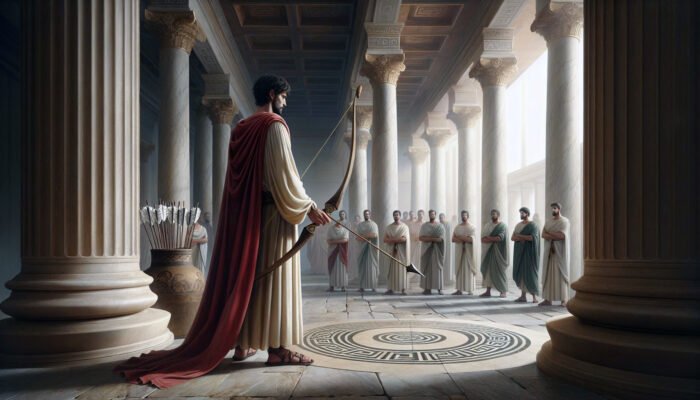 Odysseus prepears to bend the bow
