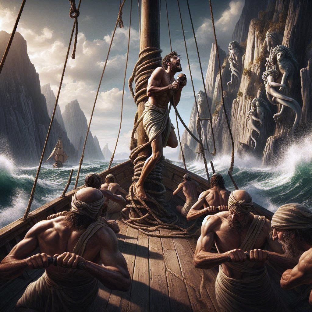 Odysseus tied to the mast of his ship while the sirens-sing