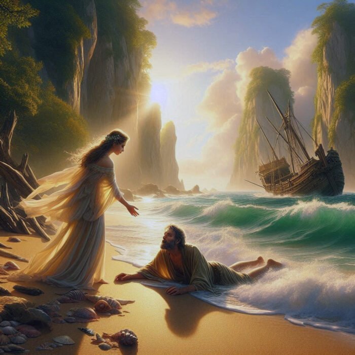 Princess Nausicaa discovering shipwrecked Odysseus
