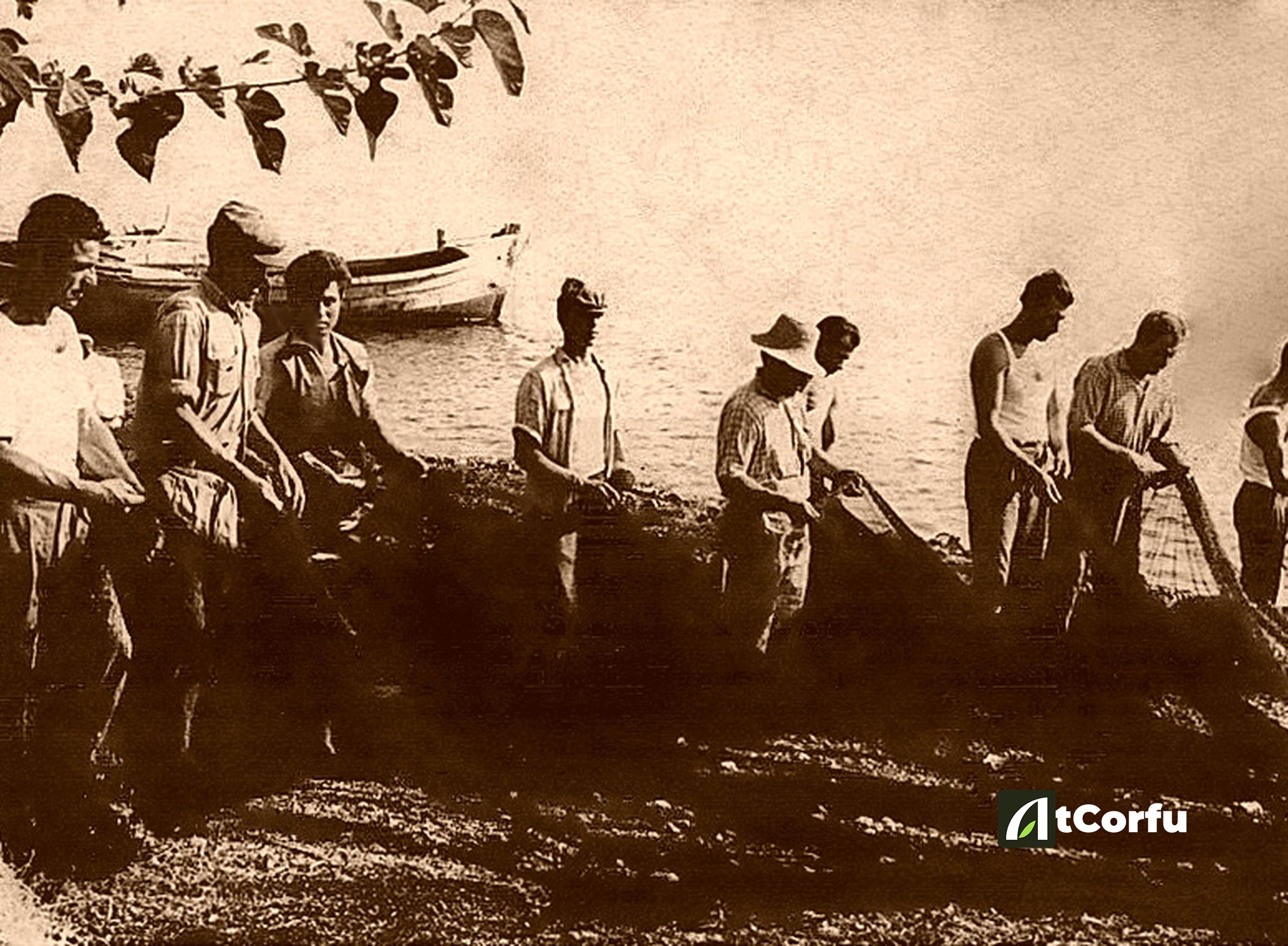 fishermen fixing nets seaside ori