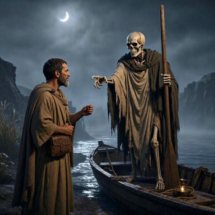 Charon asking Menipus for money